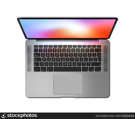 Open laptop top view with colorful screen, isolated on white. Dark silver. 3D render illustration. Open laptop top view with colorful screen, isolated on white. Dark silver. 3D render