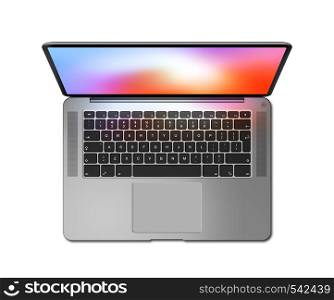 Open laptop top view with colorful screen, isolated on white. Dark silver. 3D render illustration. Open laptop top view with colorful screen, isolated on white. Dark silver. 3D render