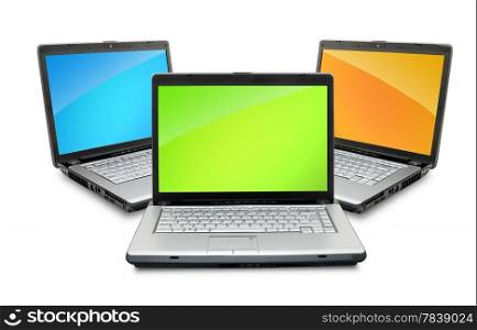 Open laptops showing keyboard and screen isolated on white background