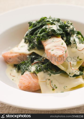 Open Lasagne of Salmon and Spinach with a Saffron Cream