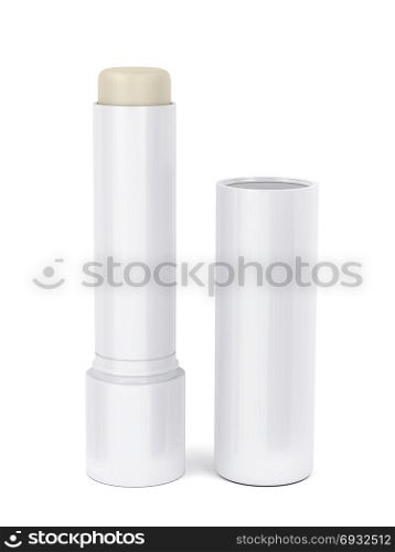 Open lip balm stick on white background