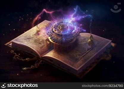 Open magic book aged. Alchemy fairy. Generate Ai. Open magic book aged. Generate Ai