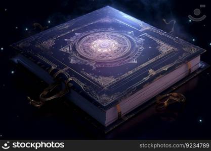 Open magic book emblem. Wizard glow. Generate Ai. Open magic book emblem. Generate Ai