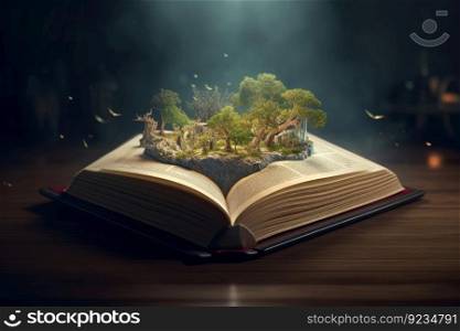 Open magic book forest. Old art. Generate Ai. Open magic book forest. Generate Ai