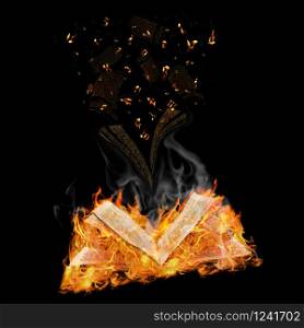 Open Magic Book In Flame And Flying Letters Against Black Background. Manuscripts Do Not Burn