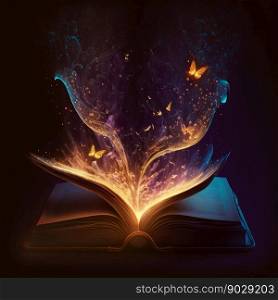 Open magic fantasy book with lights. Generative Ai. High quality illustration. Open magic fantasy book with lights. Generative Ai