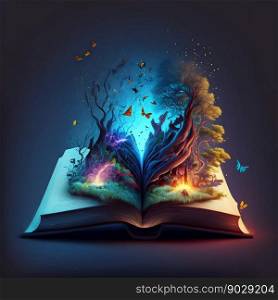 Open magic fantasy book with lights. Generative Ai. High quality illustration. Open magic fantasy book with lights. Generative Ai