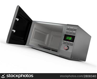 Open metallic microwave on white background. 3d