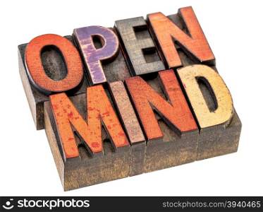 open mind word abstract - an isolated banner in vintage letterpress wood type blocks stained by color inks