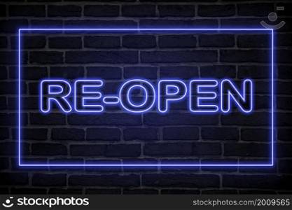 OPEN neon sign light billboard in night time. Glowing blue neon signboard 3D letters on stone texture wall background. Design for shop, restaurant, caffe reopening after covid-19 coronavirus