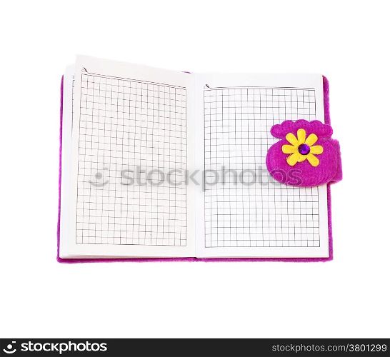 Open notebook in a purple cover on a white background