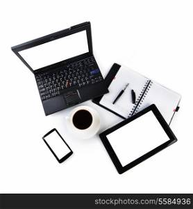 open notebook, mobile phone, pen and cup of coffee