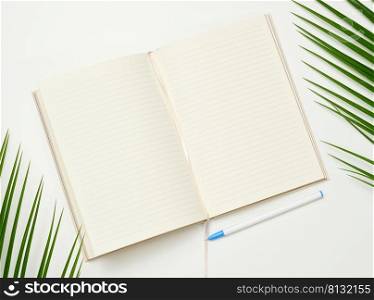 Open notebook with blank white sheets on a white background, top view.