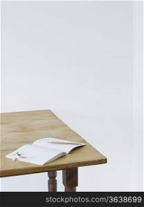 Open notebook with pencil and pencil sharpener on table, elevated view
