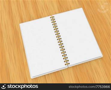 Open notepad mockup on a wooden table. 3d render illustration.