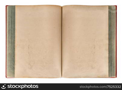 Open old book isolated on white background. Aged paper texture