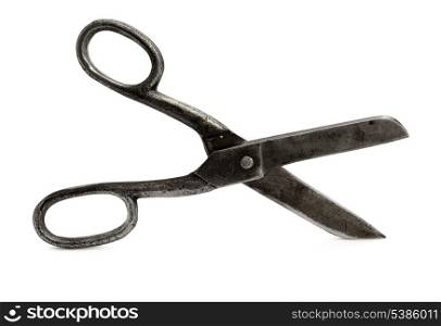 Open old iron tailors pair of scissors isolated on white