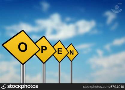 open on yellow road sign with blurred sky background