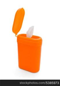 Open orange plastic canister of antibacterial wipes isolated on white