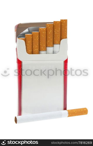 Open pack of cigarettes and a cigarette on a white background.