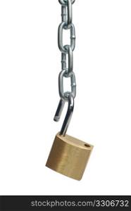 Open padlock and chain isolated on white background.