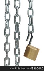 Open padlock and chains isolated on white background.