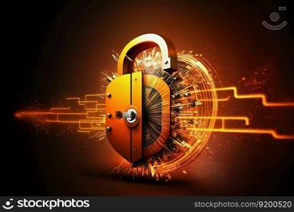 Open padlock on data cloud, cyber attack, abstract hi speed internet technology background. Cybersecurity concept. Generative AI. Cyber attack, abstract hi speed internet technology background. Cybersecurity concept. Generative AI