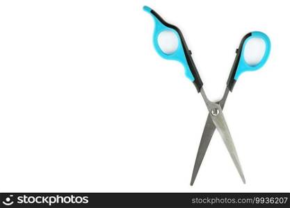 Open pair scissors isolated on white background. Free space for text.
