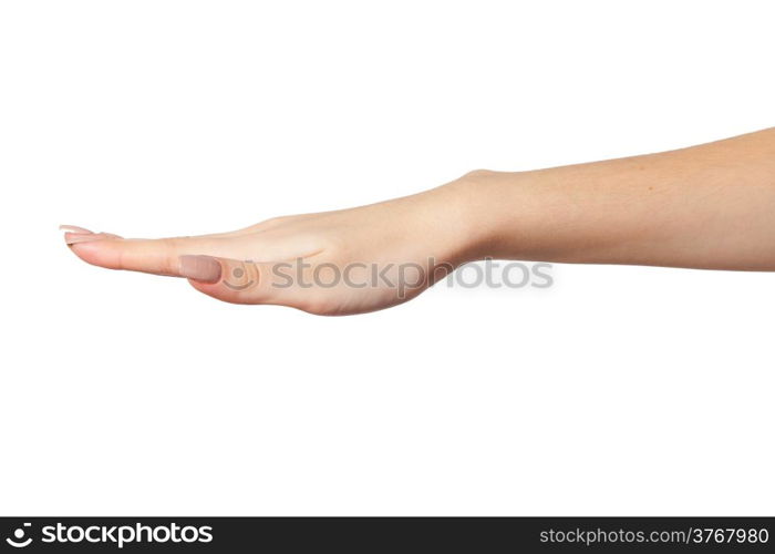 Open palm hand gesture of Female hand. Isolated on a white background.