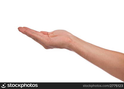 Open palm hand gesture of male hand. Isolated on a white background.