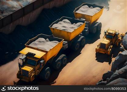 Open pit mine, extractive industry for coal. Big yellow mining truck machinery for coal quarry. Neural network AI generated art. Open pit mine, extractive industry for coal. Big yellow mining truck machinery for coal quarry. Neural network generated art