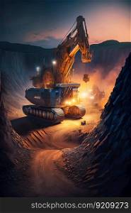 Open Pit Mining Operation at Sunset with an Excavator Mining a Wall. Generative ai. High quality illustration. Open Pit Mining Operation at Sunset with an Excavator Mining a Wall. Generative ai