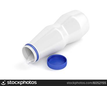 Open plastic bottle with yogurt on white background