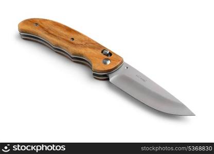 Open pocket knife with wooden handle isolated on white