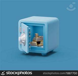 Open Safe box with treasure inside front view on blue pastel background with soft shadows. Simple 3d render illustration. Trendy concept. Open Safe box with treasure inside front view on blue pastel background with soft shadows. Simple 3d render illustration.