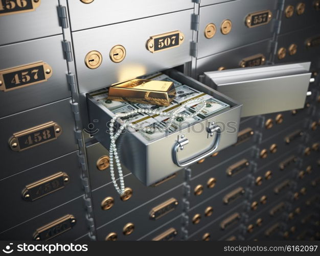 Open safe deposit box with money, jewels and golden ingot. 3d illustration