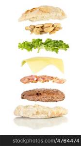 open sandwich, floating sandwich, burger sandwich with hamburger, bacon, cheese, lettuce and mushrooms