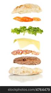 open sandwich, floating sandwich, burger sandwich with hamburger, bacon, cheese, lettuce and tomato