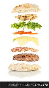 open sandwich, floating sandwich, burger sandwich with hamburger, bacon, cheese, tomato, lettuce and mushrooms