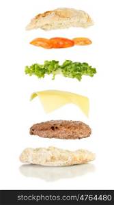 open sandwich, floating sandwich, burger sandwich with hamburger, cheese, lettuce and tomato