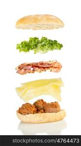 open sandwich, floating sandwich, meat ball sandwich with grilled cheese, bacon and lettuce
