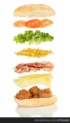 open sandwich, floating sandwich, meat ball sandwich with grilled cheese, bacon, chips, lettuce and tomato