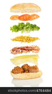 open sandwich, floating sandwich, meat ball sandwich with grilled cheese, bacon, chips, lettuce and tomato