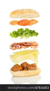 open sandwich, floating sandwich, meat ball sandwich with grilled cheese, bacon, lettuce and tomato