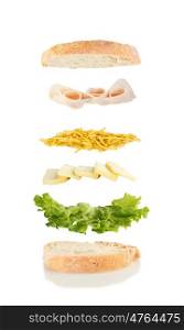 open sandwich, floating sandwich, sandwich with lettuce, cheese, chips and ham
