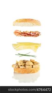 open sandwich, floating sandwich, sandwich with mushrooms, chive, grilled cheese and bacon