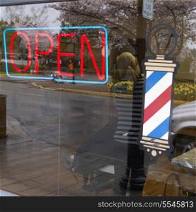 Open sign at Barbar Shop, Snoqualmie, Washington State, USA