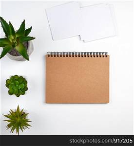 open spiral notebook with empty brown sheets, pots with green indoor plants on a white table, top view, workplace