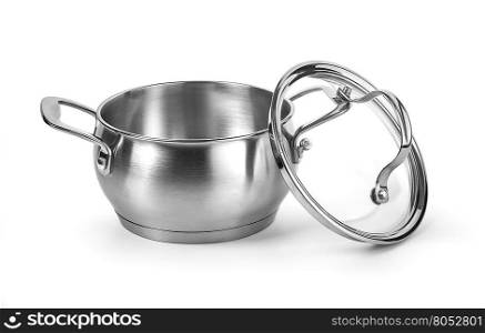 Open stainless steel cooking pot isolated on white with clipping path