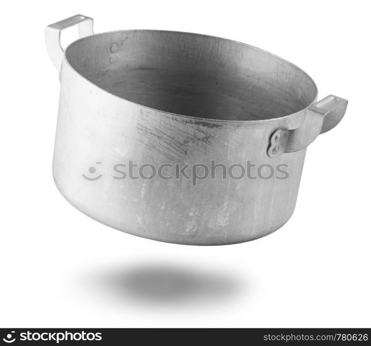 Open stainless steel cooking pot over white background with clipping path